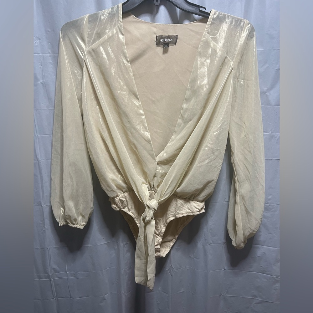 4 Sienna Sheer Gold Deep V-Neck Bodysuit Size Small